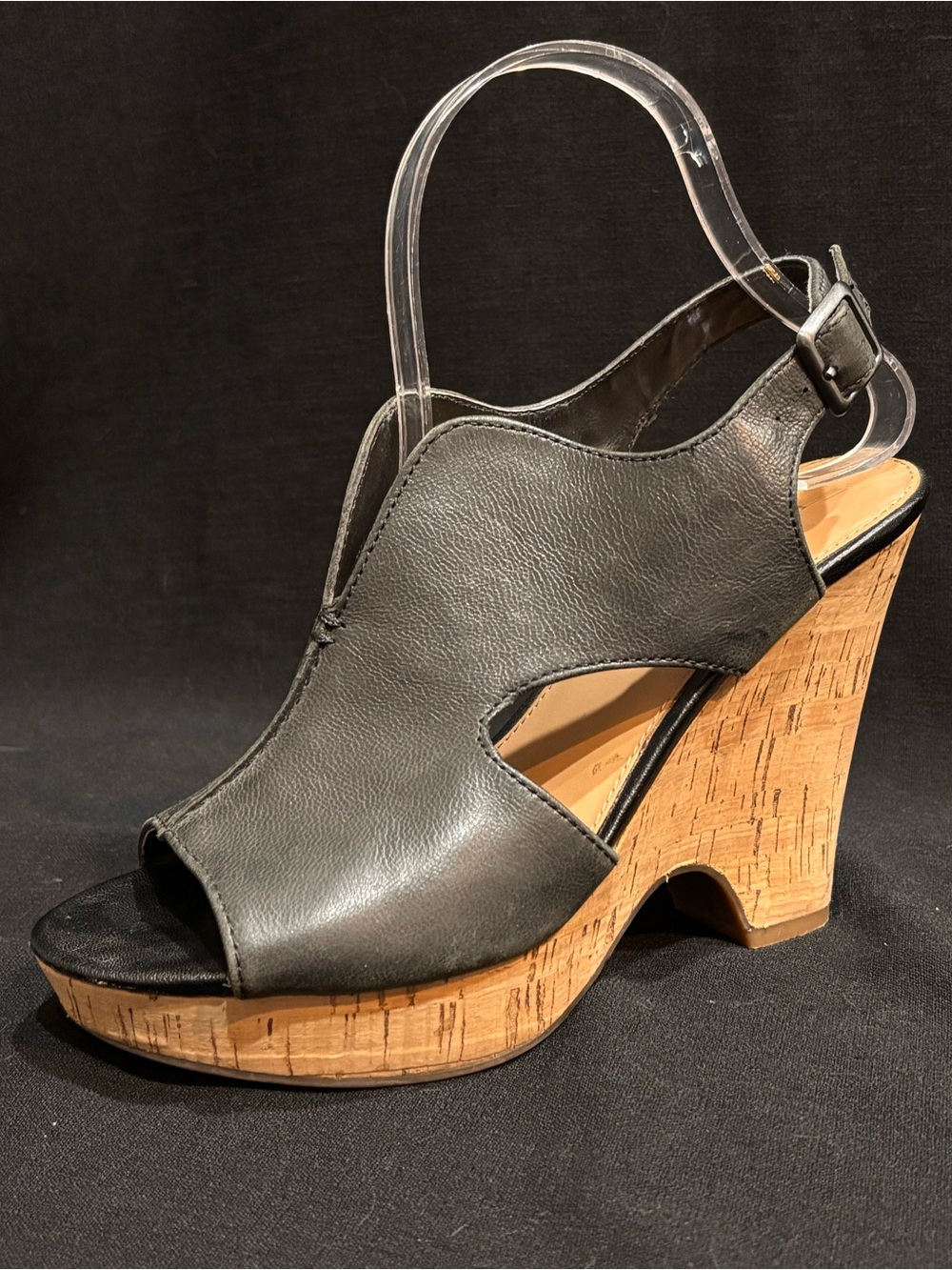 Franco Sarto Black Leather Wedge Sandals Peep Toe Cork Platform Heel Size 7